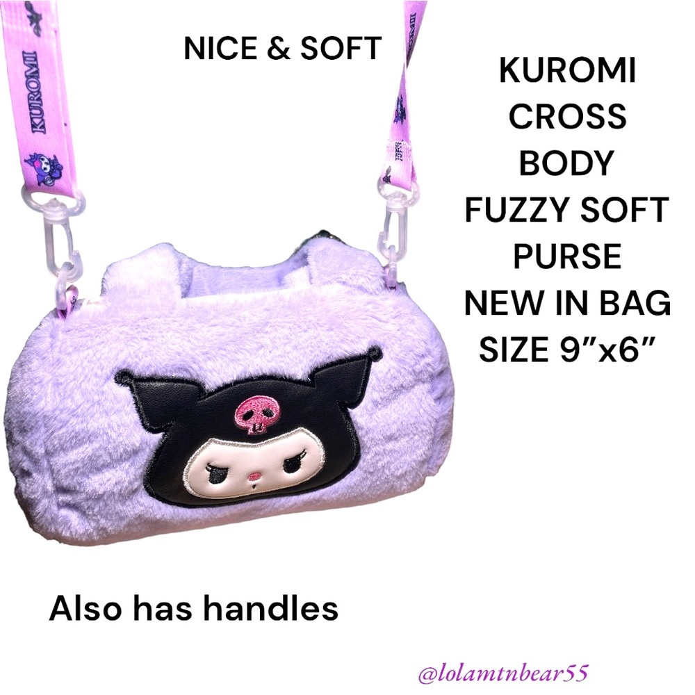 NEW KUROMI PLUSH PURPLE CROSSBODY GIRLS PURSE-SOFT CARRY HANDLES-ZIP OPEN/CLOSE